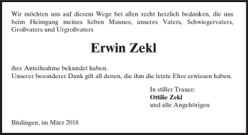 Traueranzeige von Erwin Zekl von  Kreisanzeiger