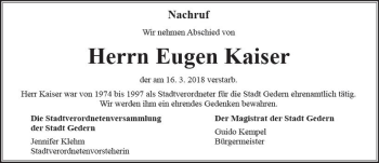 Traueranzeige von Eugen Kaiser von  Kreisanzeiger