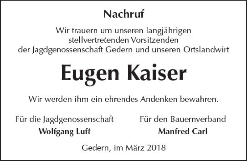  Traueranzeige für Eugen Kaiser vom 24.03.2018 aus  Kreisanzeiger