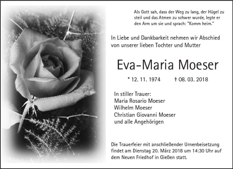 Traueranzeige für Eva-Maria Moeser vom 16.03.2018 aus  Gießener Anzeiger