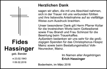 Traueranzeige von Fides Hassinger von Trauerportal Rhein Main Presse