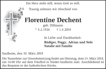 Traueranzeige von Florentine Dechent von Trauerportal Rhein Main Presse