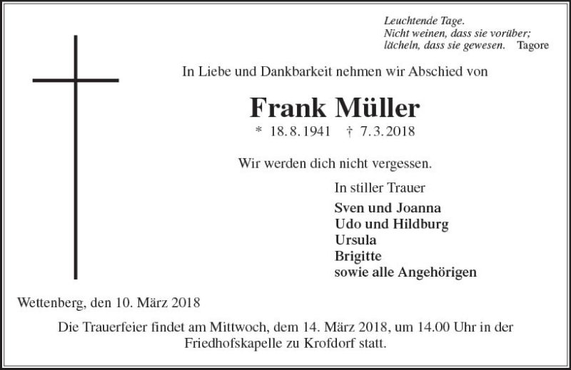  Traueranzeige für Frank Müller vom 10.03.2018 aus  Gießener Anzeiger