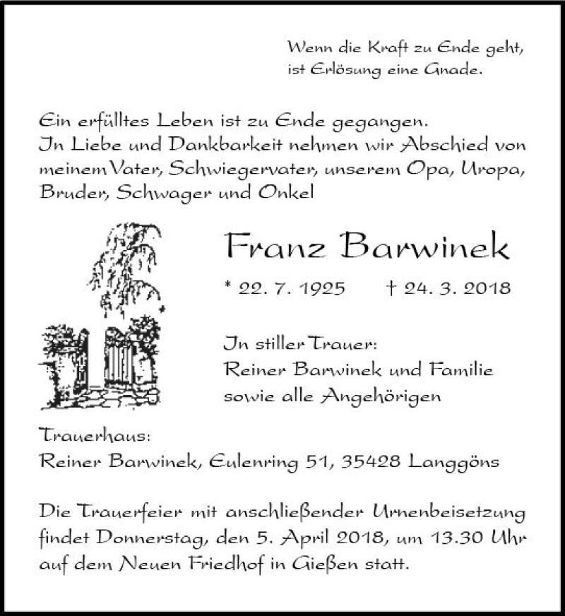  Traueranzeige für Franz Barwinek vom 31.03.2018 aus  Gießener Anzeiger