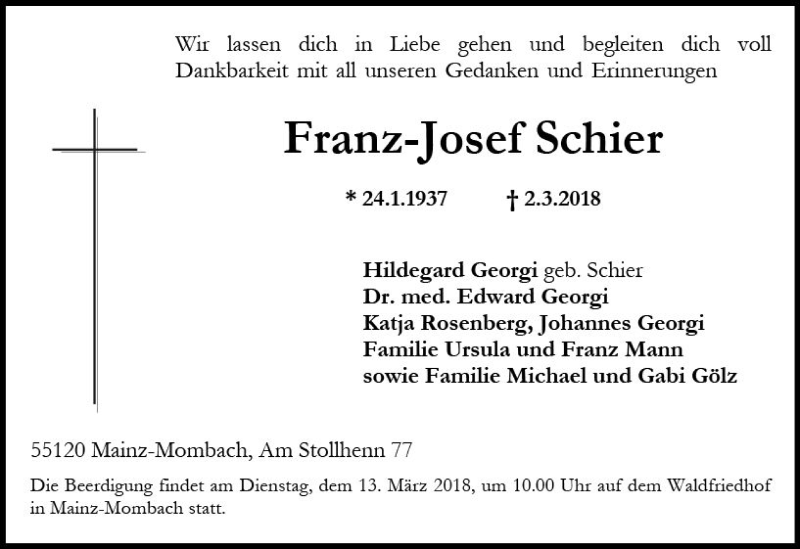  Traueranzeige für Franz-Josef Schier vom 10.03.2018 aus Trauerportal Rhein Main Presse