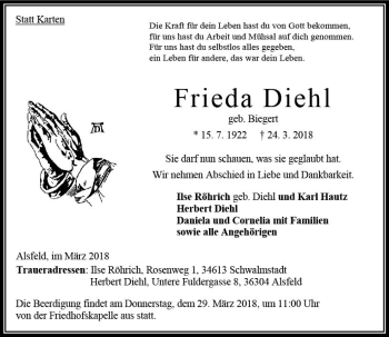 Traueranzeige von Frieda Diehl von VRM Trauer