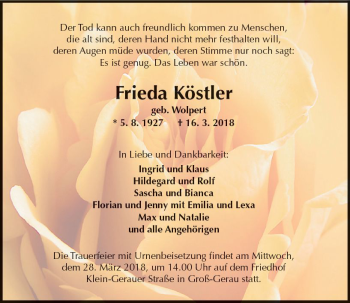 Traueranzeige von Frieda Köstler von Trauerportal Rhein Main Presse