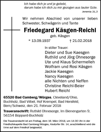 Traueranzeige von Friedegard Käsgen-Reichl von  Camberger Anzeiger