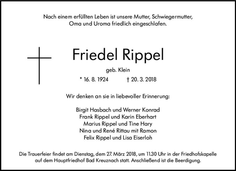  Traueranzeige für Friedel Rippel vom 24.03.2018 aus Trauerportal Rhein Main Presse