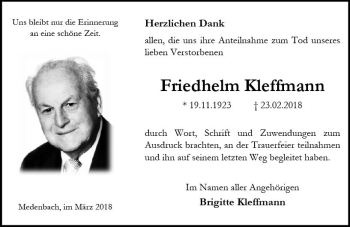 Traueranzeige von Friedhelm Kleffmann von Trauerportal Rhein Main Presse