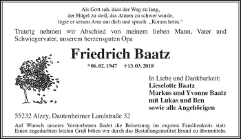 Traueranzeige von Friedrich Baatz von Trauerportal Rhein Main Presse