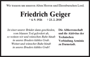 Traueranzeige von Friedrich Geiger von Trauerportal Rhein Main Presse