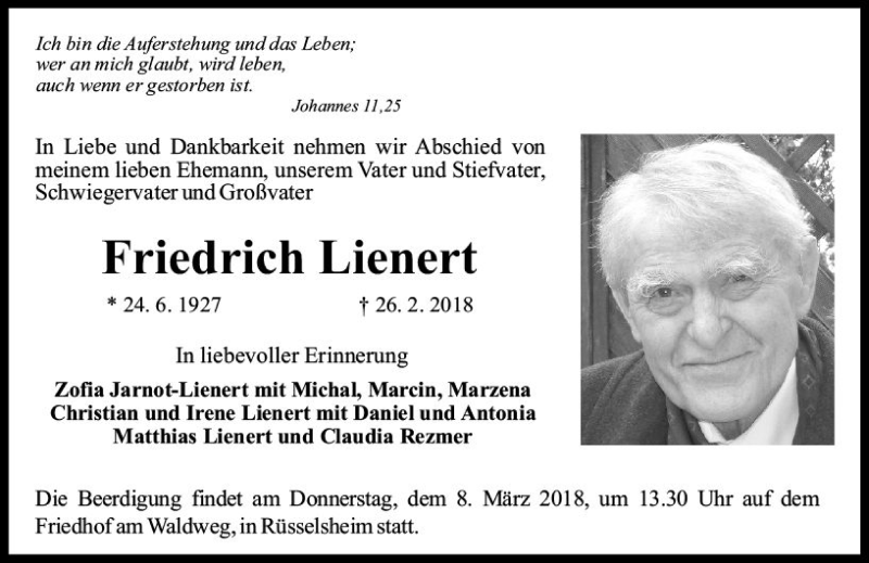  Traueranzeige für Friedrich Lienert vom 03.03.2018 aus Trauerportal Rhein Main Presse
