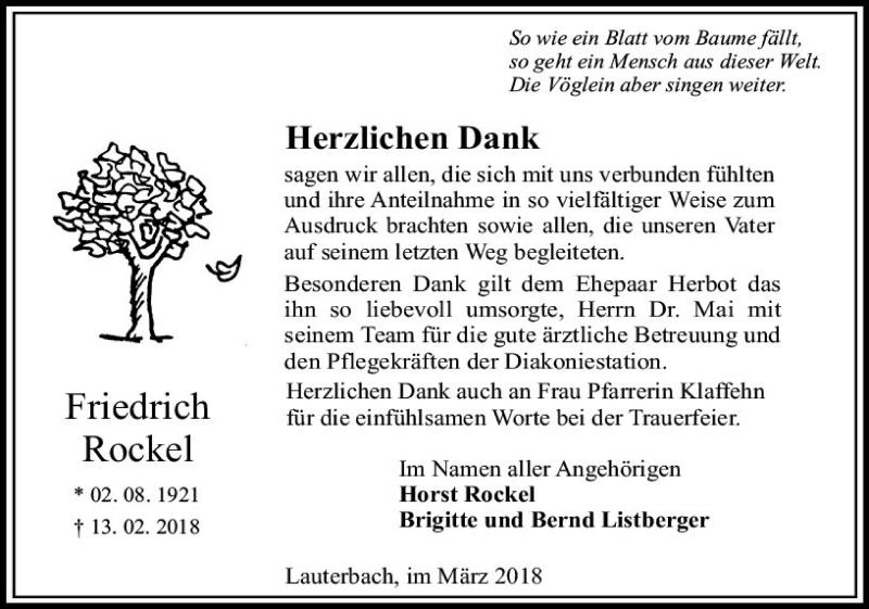  Traueranzeige für Friedrich Rockel vom 10.03.2018 aus VRM Trauer