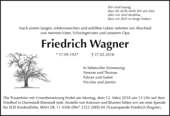 Traueranzeige von Friedrich Wagner von Trauerportal Rhein Main Presse