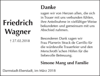 Traueranzeige von Friedrich Wagner von Trauerportal Rhein Main Presse