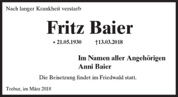 Traueranzeige von Fritz Baier von Trauerportal Rhein Main Presse