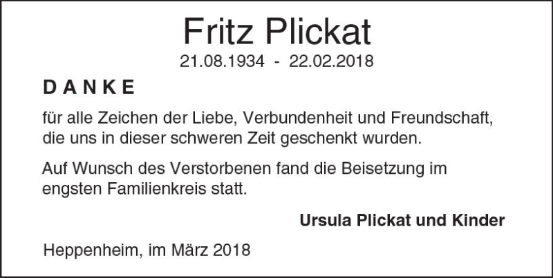  Traueranzeige für Fritz Plickat vom 24.03.2018 aus Trauerportal Rhein Main Presse