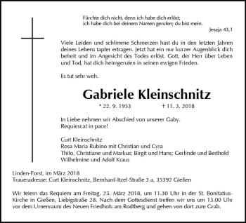 Traueranzeige von Gabriele Kleinschnitz von  Gießener Anzeiger