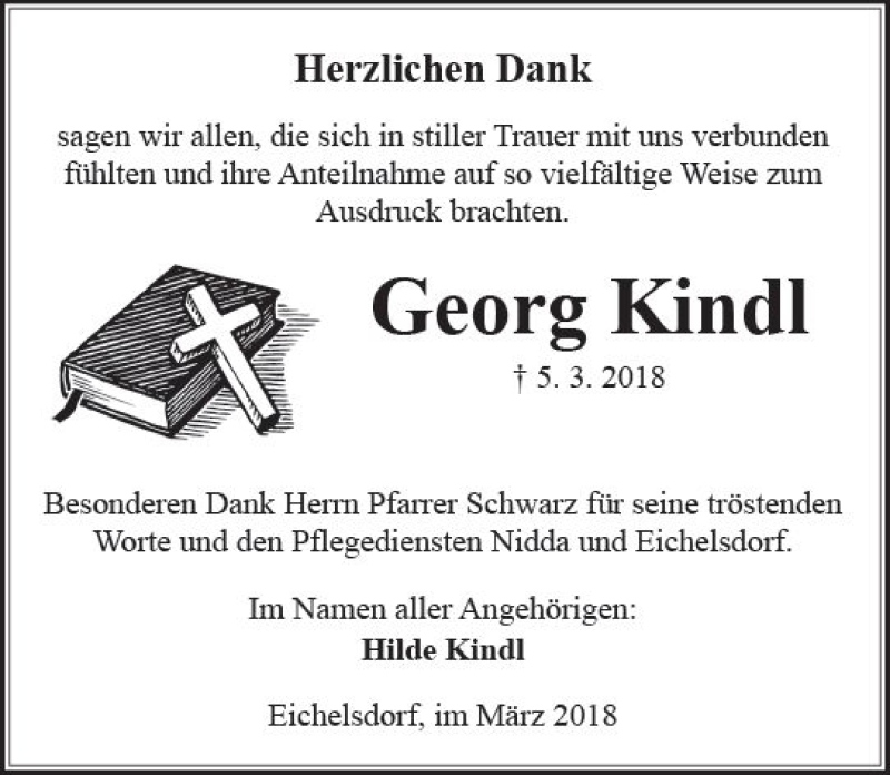  Traueranzeige für Georg Kindl vom 24.03.2018 aus  Kreisanzeiger