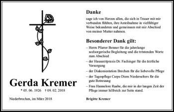Traueranzeige von Gerda Kremer von  Camberger Anzeiger