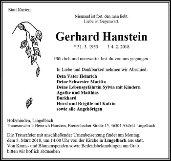Traueranzeige von Gerhard Hanstein von VRM Trauer