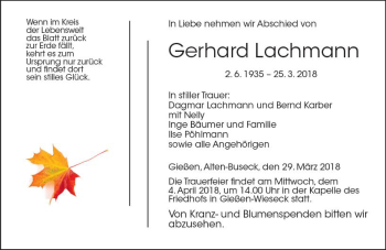 Traueranzeige von Gerhard Lachmann von  Gießener Anzeiger