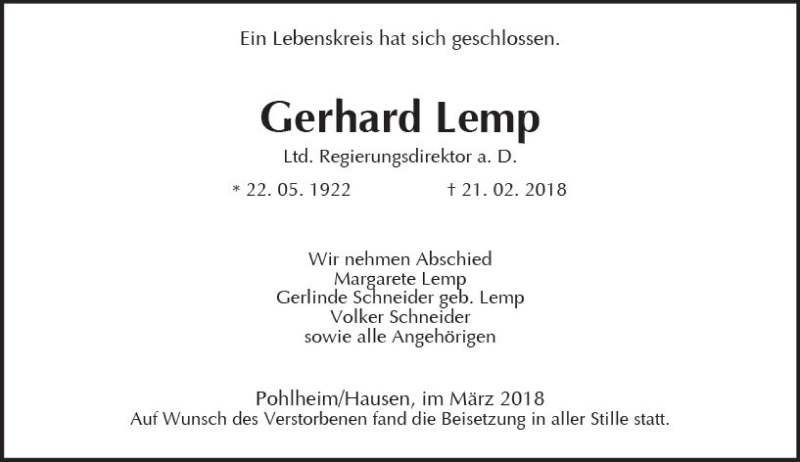  Traueranzeige für Gerhard Lemp vom 03.03.2018 aus  Gießener Anzeiger