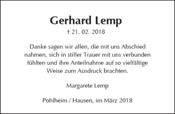 Traueranzeige von Gerhard Lemp von  Gießener Anzeiger