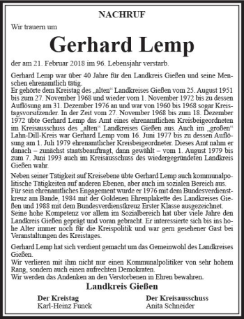Traueranzeige von Gerhard Lemp von  Gießener Anzeiger