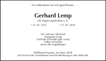 Traueranzeige von Gerhard Lemp von  Gießener Anzeiger