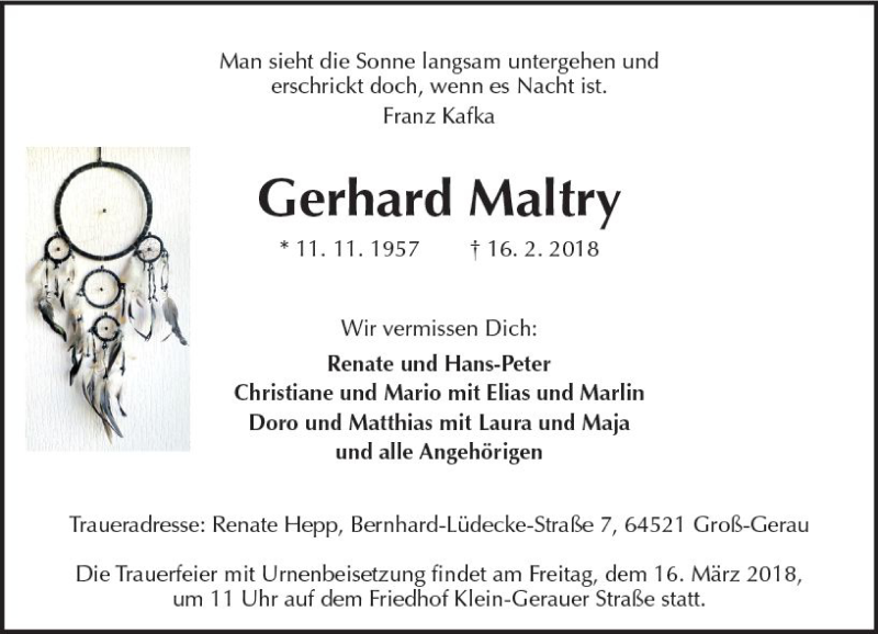  Traueranzeige für Gerhard Maltry vom 10.03.2018 aus Trauerportal Rhein Main Presse