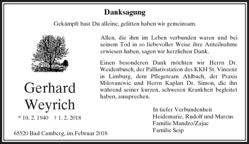  Traueranzeige für Gerhard Weyrich vom 01.03.2018 aus  Camberger Anzeiger