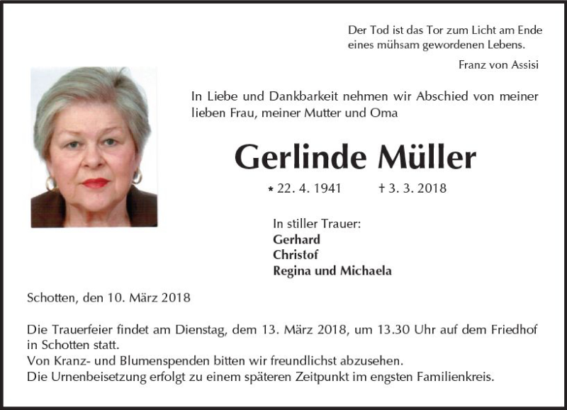  Traueranzeige für Gerlinde Müller vom 10.03.2018 aus  Kreisanzeiger