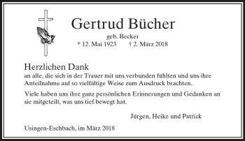 Traueranzeige von Gertrud Bücher von  Usinger Anzeiger