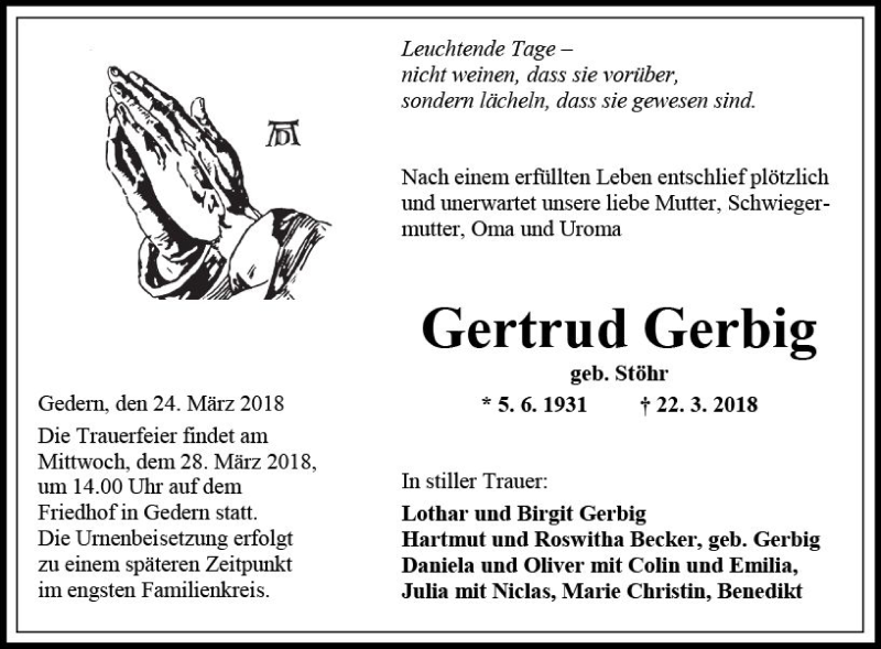  Traueranzeige für Gertrud Gerbig vom 24.03.2018 aus  Kreisanzeiger