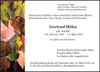 Traueranzeige von Gertrud Höhn von Trauerportal Rhein Main Presse