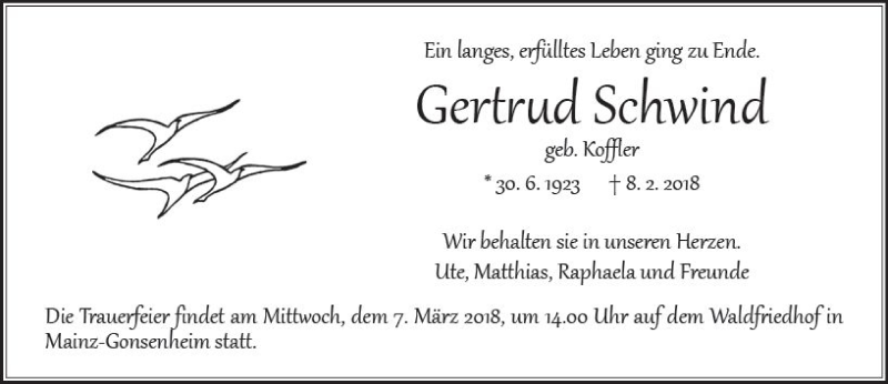  Traueranzeige für Gertrud Schwind vom 03.03.2018 aus Trauerportal Rhein Main Presse
