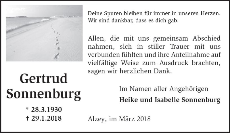  Traueranzeige für Gertrud Sonnenburg vom 10.03.2018 aus Trauerportal Rhein Main Presse