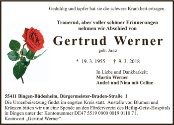 Traueranzeige von Gertrud Werner von Trauerportal Rhein Main Presse
