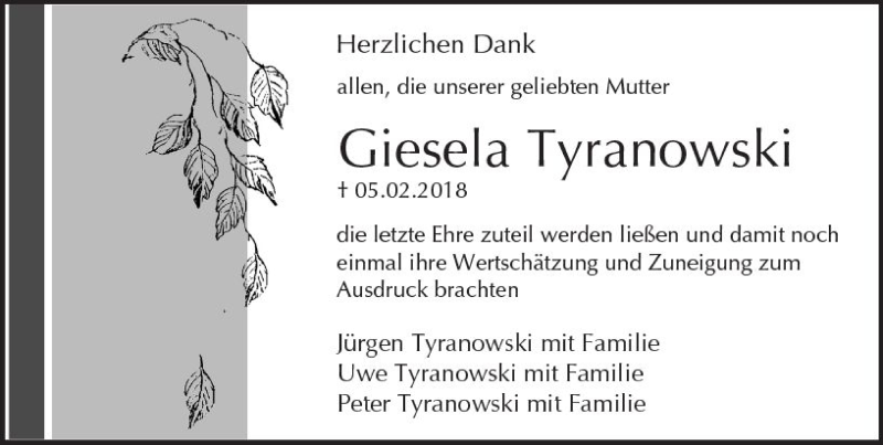  Traueranzeige für Giesela Tyranowski vom 03.03.2018 aus Trauerportal Rhein Main Presse