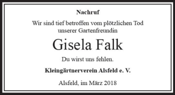 Traueranzeige von Gisela Falk von VRM Trauer