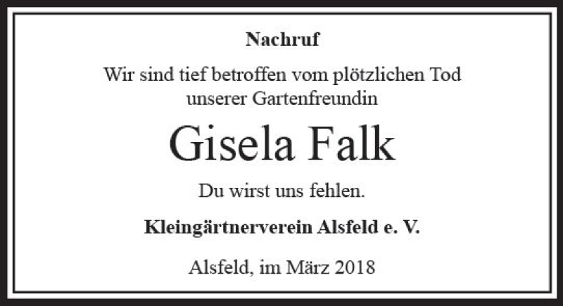  Traueranzeige für Gisela Falk vom 02.03.2018 aus VRM Trauer