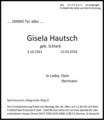 Traueranzeige von Gisela Hautsch von Trauerportal Rhein Main Presse