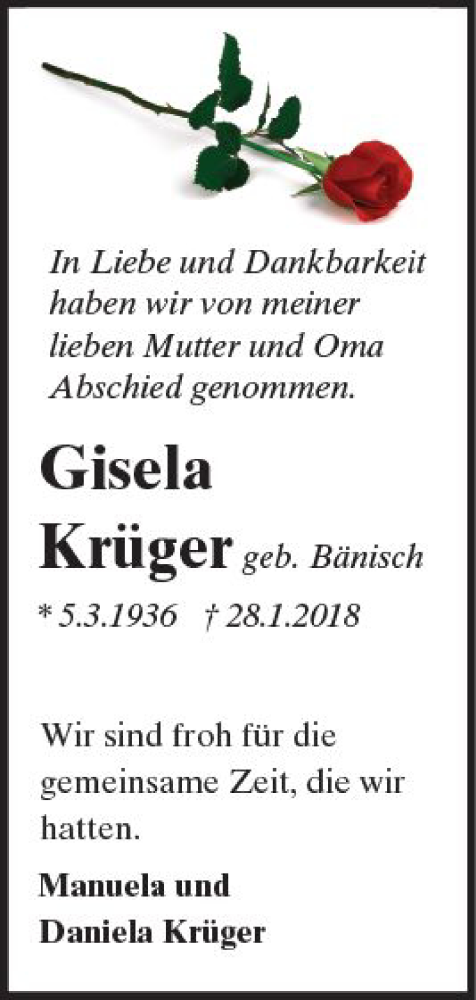  Traueranzeige für Gisela Krüger vom 03.03.2018 aus Trauerportal Rhein Main Presse