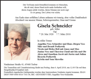 Traueranzeige von Gisela Schneider von Trauerportal Rhein Main Presse