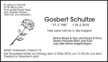 Traueranzeige von Gosbert Schultze von Trauerportal Rhein Main Presse