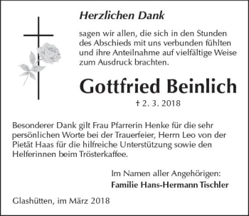 Traueranzeige von Gottfried Beinlich von  Kreisanzeiger