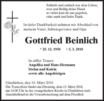 Traueranzeige von Gottfried Beinlich von  Kreisanzeiger