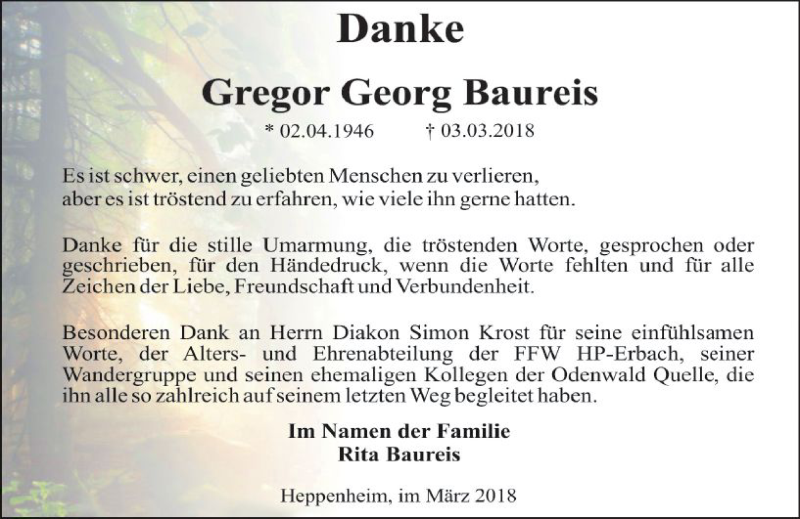  Traueranzeige für Gregor Georg Baureis vom 31.03.2018 aus Trauerportal Rhein Main Presse
